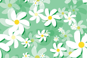 Seamless floral pattern with White daisy camomiles, perfect for spring and summer nature-inspired designs Green Background