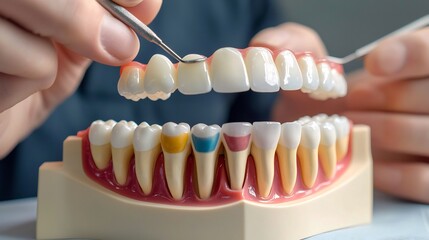Concept Equipment Model Dental model different colored teeth highlighting area treatment Explore variation 3D model of human jaw teeth Dental model used educational purpose Dental technician working