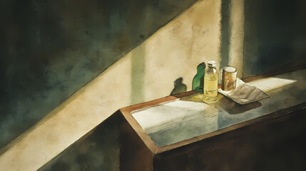 cover for urban poetry book | solitude in modernity | lonely peace | cream and bottle green | depth through shadow | deserted cinema | diagonal light beam | soft light rendering | interwar America |