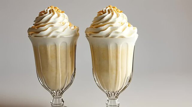 Elegant Dessert Presentation: Two Creamy Milkshakes Topped with Whipped Cream