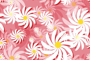 Seamless floral pattern with white and yellow daisy flowers, a beautiful spring nature illustration design pink background