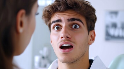 Concerned young man discussing dental treatment options a female dentist in a modern clinic