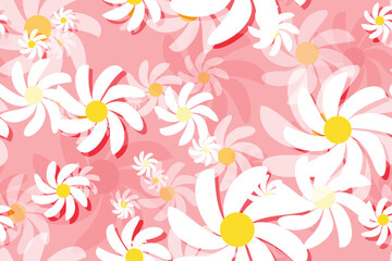 Seamless floral pattern with white and yellow daisy flowers, a beautiful spring nature illustration design pink background