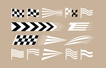Collection of Racing Flags and Graphic Elements in Black and White on a Tan Background Ideal for Motorsports Automotive and Speed Related Designs and Creative Projects