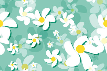 Seamless floral pattern with White daisy camomiles, perfect for spring and summer nature-inspired designs Green Background