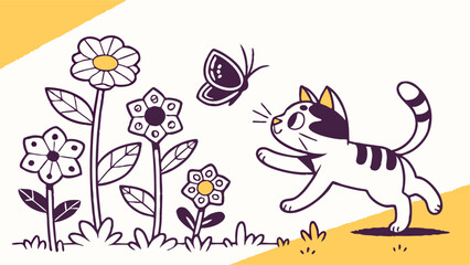 Obraz premium Colorful Pixel Art Vector of a Playful Cat and Butterfly in a Blocky Garden with Distinct Pixel Grid 