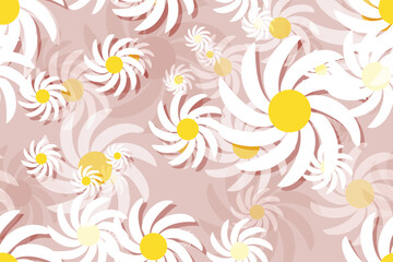 Seamless floral pattern with white and yellow daisy flowers, a beautiful spring nature illustration design pink background