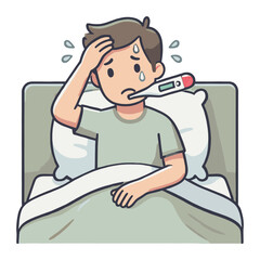 Sick Boy Lying in Bed with Thermometer Suffering from Fever and Illness