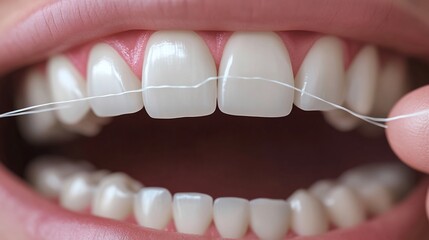 Dental floss being used clean between teeth close up