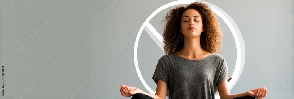 Poster meditation session focusing on mind clarity with no-caffeine symbol in minimalist background