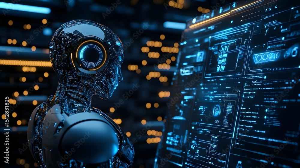 Poster futuristic robot reviewing holographic data display.