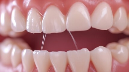 Dental floss being used clean between teeth close up