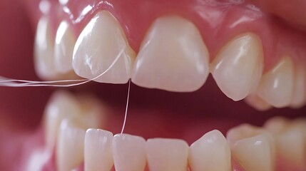 Dental floss being used clean between teeth close up