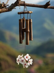 Rustic Bamboo Wind Chimes With Cherry Blossoms