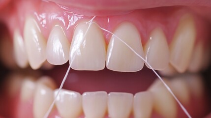 Dental floss being used clean between teeth close up