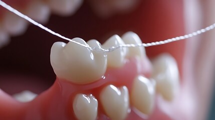 Dental floss being used clean between teeth close up