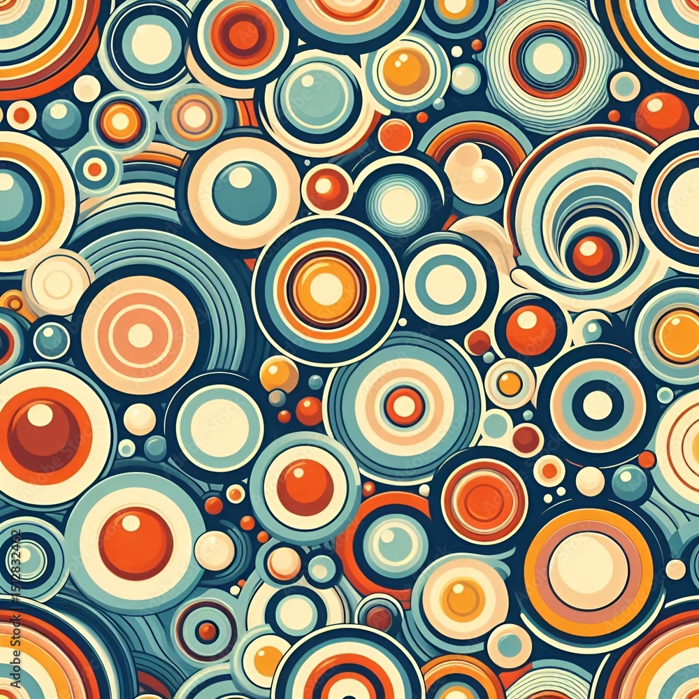 Poster abstract geometric composition featuring circles and spheres in a retro style palette.