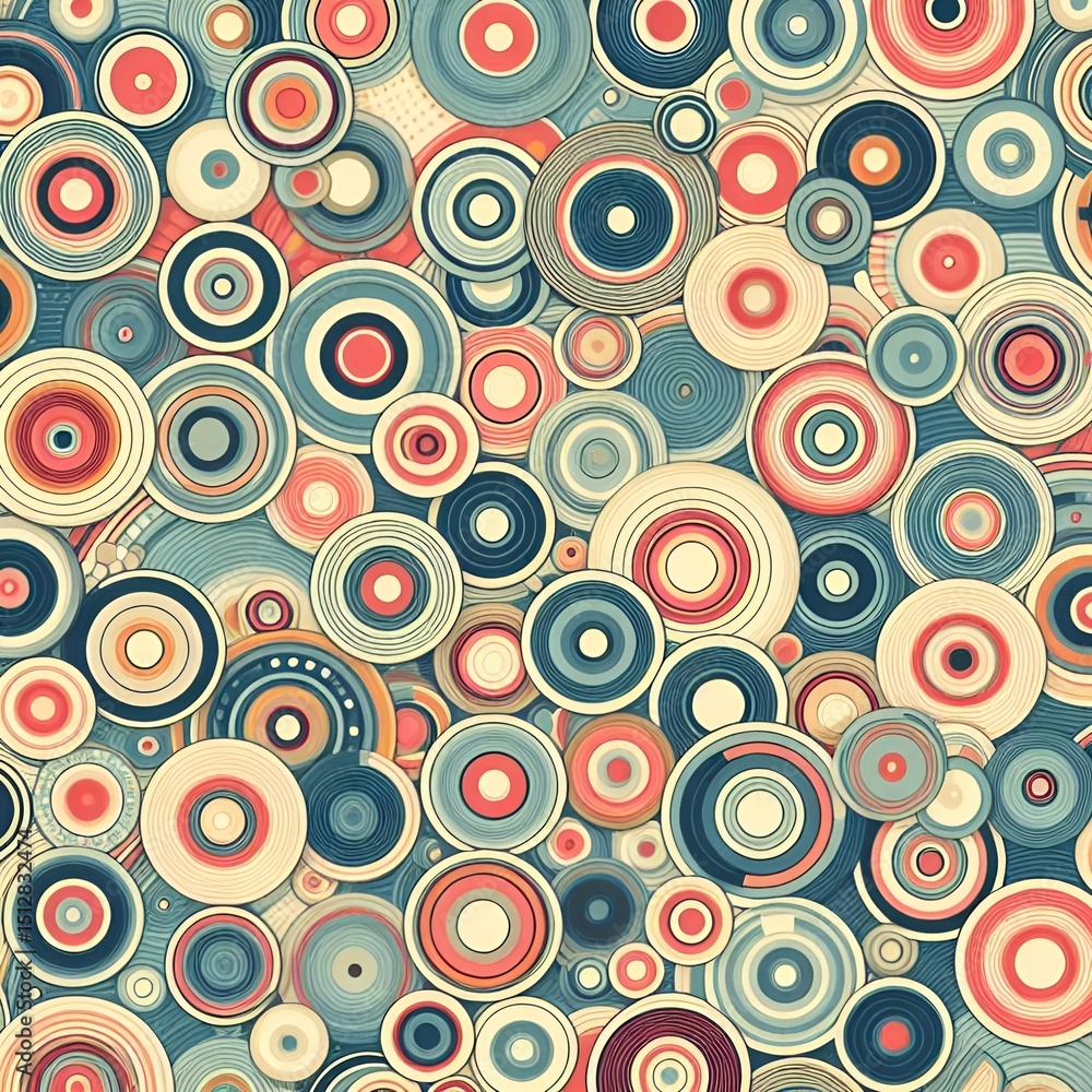 Poster abstract circle pattern with warm and cool tones creates a retro-modern artistic design.