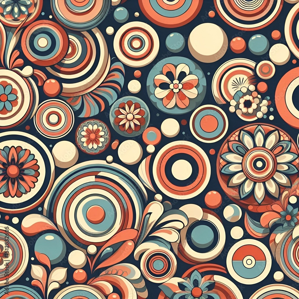 Fototapete retro circles pattern featuring concentric rings and soft color palette creating a seamless repeat.
