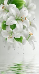 White Lilies In Rain With Water Reflections