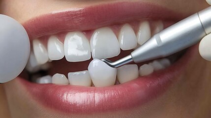 Dental hygienist cleaning patient's teeth with an ultrasonic scaler close up