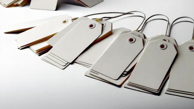 Several blank white merchandise tags arranged with small string on a white background for labeling price and product information