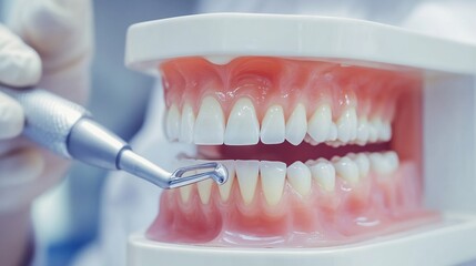 Dental hygienist cleaning patient's teeth with an ultrasonic scaler close up