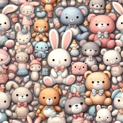 Charming plush toy pattern displaying cute bears and rabbits,rendered in a soft, appealing 3D style.