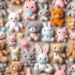 Obraz premium A playful collection of cute plush toys, featuring teddy bears and bunnies, arranged creatively.