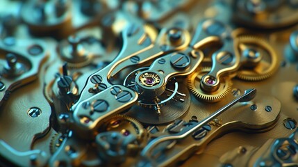 Intricate close-up of a complex, golden-toned mechanical watch movement, showcasing gears, levers, and jewel bearings