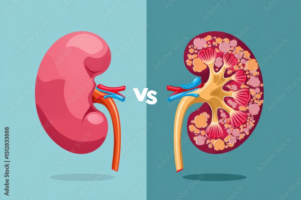 Poster healthy kidney and damaged kidney comparison chart showing structural differences and implications f
