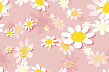 Seamless floral pattern with white and yellow daisy flowers, a beautiful spring nature illustration design pink background