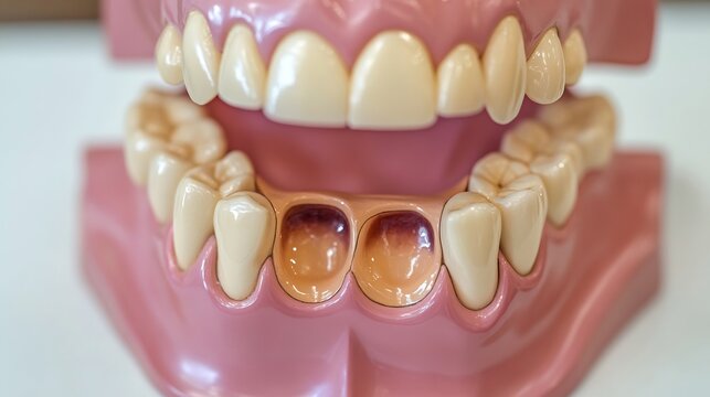 Dental model cavities highlighted used for educational purposes