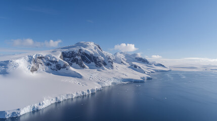 Aerial view of Antarctica's icy coastline with dramatic glaciers meeting the deep blue ocean, vast copy space for text overlay. Polar landscape, climate change, global warming and environmental conser