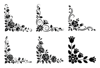 Six black and white floral corner designs