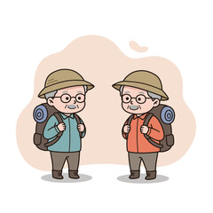 Elderly hikers with backpacks smiling at each other in casual clothing  