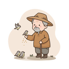 Elderly man feeding birds in a park during a sunny day  