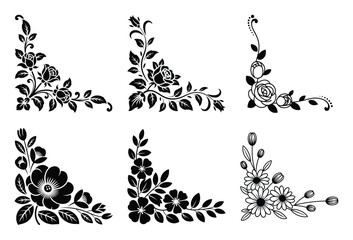 Six black and white floral corner designs