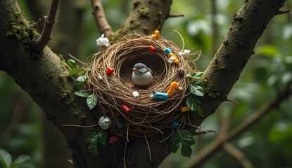 Sad Bird with Plastic Nest – Hyper-Realistic Top-Down View of Environmental Pollution