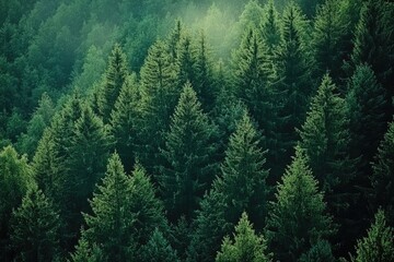 Dense evergreen forest canopy, viewed from above.  Sunlight filters through, creating a soft glow