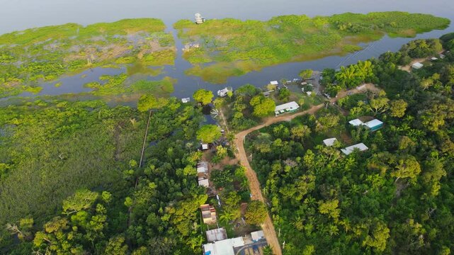 Aerial View of Porto Jofre Village by the Cuiaba River in the Pantanal Wetlands, Brazil