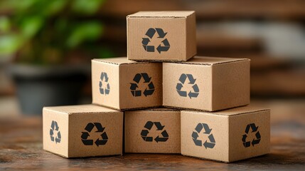 Stack of Recycled Cardboard Boxes with Recycling Symbol Eco Friendly Packaging Concept