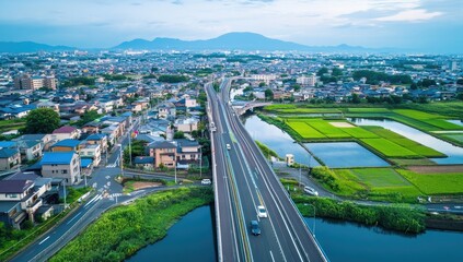 Fototapeta premium Aerial view of a highway crossing a residential area and rice paddies, with a backdrop of a mountain range. A network of roads and waterways is visible throughout