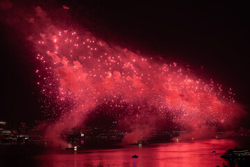 Fireworks along the Hudson River during July 4 in New York City
