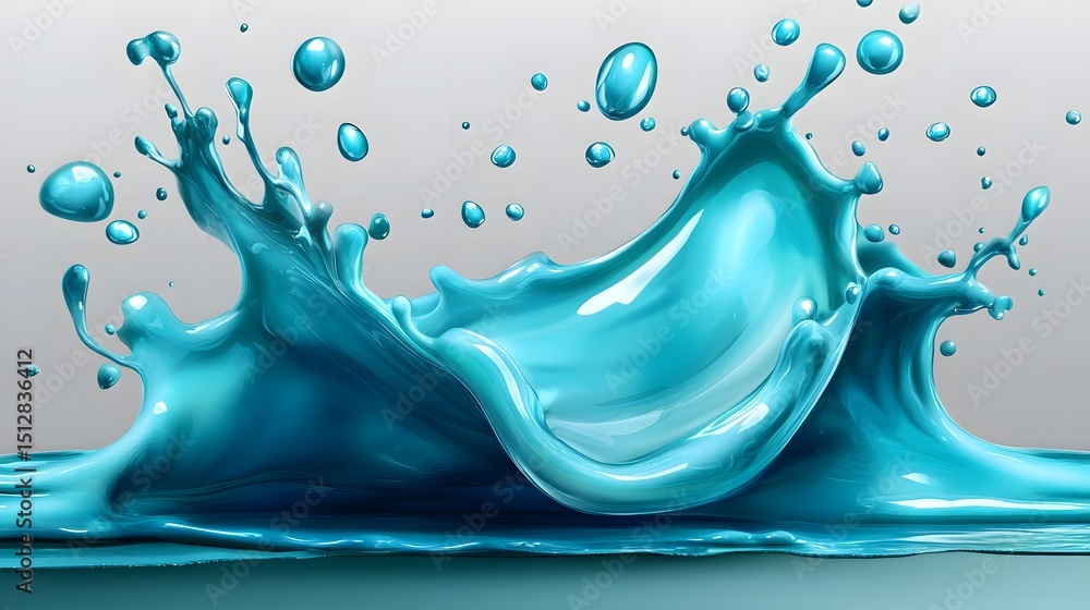 Poster teal liquid splash with vibrant color and dynamic form.