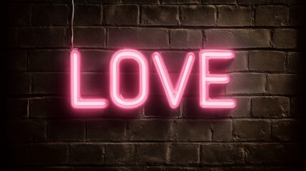 Pink Neon Love Sign Glowing on Brick Wall