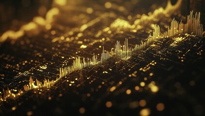 Golden stock market chart showing a strong upward trend on a black background with glowing financial data