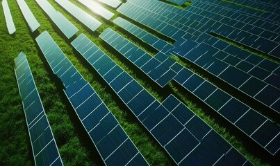 Rows of solar panels on a grassy field, sunlight reflecting
