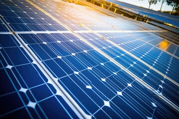 Close-up view of solar panels. Sunlight highlights the blue panels