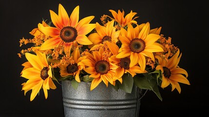 Vibrant Autumn Sunflowers in Rustic Metal Bucket